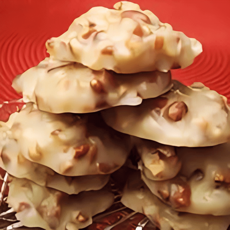 Nutty praline cookies stacked on red plate.
